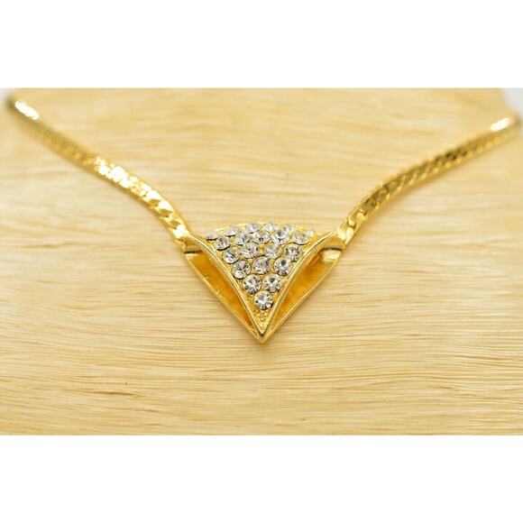 Vintage Crystal Collar Necklace Gold Herringbone Chain Rhinestone Shiny NOS 80s - Picture 4 of 12